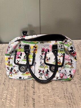 Disney White Comic-Strip Mickey Satchel with Black Handles